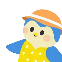 a penguin wearing an orange hat and a yellow dress with the words summer vibes below it