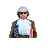 a man wearing a wig and sunglasses is wearing an american flag scarf