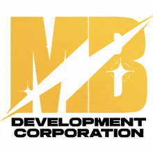 a yellow mb development corporation logo with a bullet hole in it