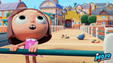 a girl in a pink dress is standing next to a sign that says mojo swootops