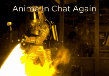 a picture of a man holding a rocket with the words anime in chat again above him