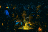 a painting of a group of people in masks pouring liquid into a cauldron