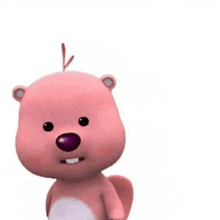 a pink cartoon bear with a purple nose is standing on a white background and looking at the camera .