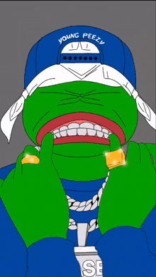 a cartoon drawing of a frog wearing a young peezy hat