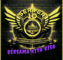 a logo for server 10 trofez community with wings on a brick wall