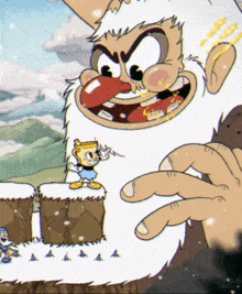 a cartoon drawing of a yeti holding a cup of coffee in his mouth