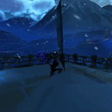a video game character is standing in front of a snowy landscape