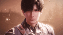 a close up of a man 's face with a sword behind him