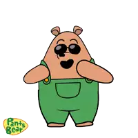 a cartoon of a bear wearing green overalls and sunglasses with the words pants bear on the bottom