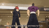 two anime characters standing next to each other with the words me and bro when there are trees to fuck above them