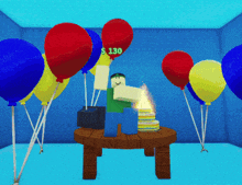 a video game character is sitting at a table with balloons and a cake with the number 130 on it