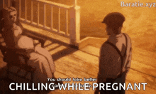 a pregnant woman is sitting on a bench talking to a man