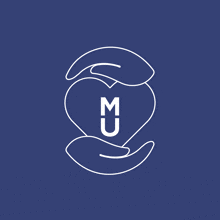 a line drawing of two hands holding a heart with the letter m and u on it