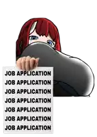 a cartoon of a woman holding a sign that says job application