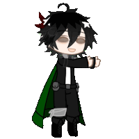 a cartoon of a boy with black hair and a green cape .