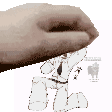 a hand is holding a piece of paper with a drawing of a man on it .