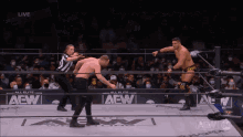 two men in a wrestling ring with the word aew on the bottom