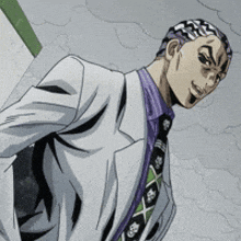 a man in a white suit and purple tie with skulls on it