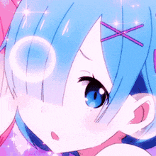 a close up of a girl with blue hair