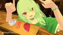 a green haired anime girl is laying on a wooden table with sushi on it