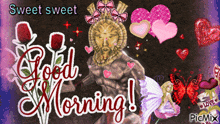 a good morning greeting card with a statue of a man