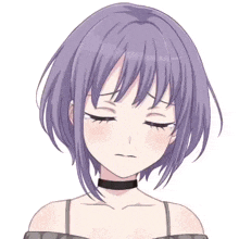 a girl with purple hair has two apples on her forehead .