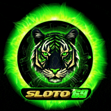 a logo for sloto 69 with a tiger and green flames