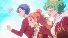 a group of anime characters are standing next to each other and one has a flower in her hair