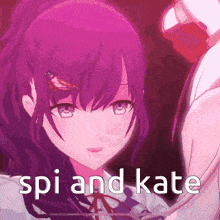 a purple haired anime girl is standing next to a man with the words spi and kate written on the bottom .
