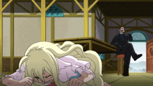 a cartoon of a woman laying on the floor with a man sitting at a table in the background