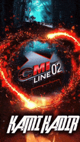 a gm line 02 logo with a circle of fire around it