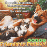 a dog and a cat are laying next to each other on a happy friendship festival greeting card