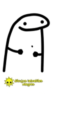 a black and white drawing of a stick figure with a smiley face and a yellow sun in the background .