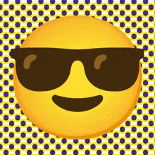 a yellow smiley face wearing sunglasses on a yellow and white polka dot background
