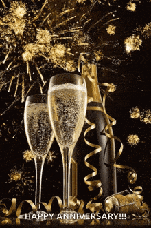 two glasses of champagne and a bottle of champagne with the words happy anniversary written on the bottom