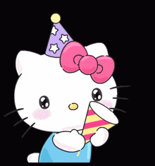 a cartoon of hello kitty wearing a party hat and holding a confetti cannon