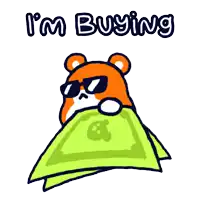 a cartoon of a hamster holding a stack of money with the words " i 'm buying " above it