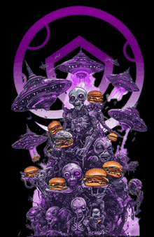 a bunch of skeletons with hamburgers on their faces and flying saucers in the background
