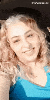 a woman in a blue tank top is smiling with pixverse.ai written on the bottom