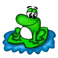 a green frog is sitting on a leaf in the water