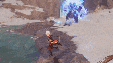 a person in a video game is standing on a rock near a waterfall .