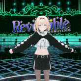 a girl with horns is standing in front of a neon sign that says reversible live 2025
