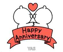 a happy anniversary sticker with two bears kissing and a red ribbon .