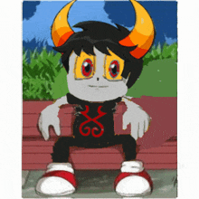 a cartoon character with horns is sitting on a bench wearing a black shirt with the letter g on it