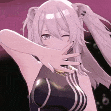 a girl with white hair and pigtails is making a funny face