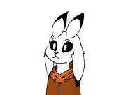 a black and white drawing of a rabbit wearing a scarf and a hoodie .