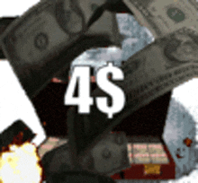 a pile of money with a 4 dollar sign on top of it