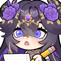 a cartoon girl with purple flowers in her hair is writing on a piece of paper with a pencil