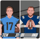 two football players one with the number 17 and one with the number 31 holding a football