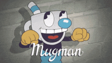 a cartoon character with the name mugman on the bottom right